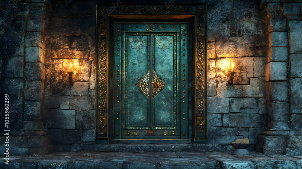 Ancient stone door with ornate handles and glowing sconces, set against textured stone walls. Ancient stone door with ornate handles and glowing sconces, set against textured stone walls.