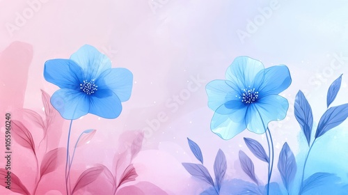 Delicate blue and pink flowers with soft leaves on a dreamy pastel background.