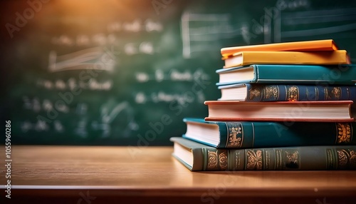 Close-up view of neatly stacked school books on a desk with a chalkboard background in a classroom setting. Generative AI