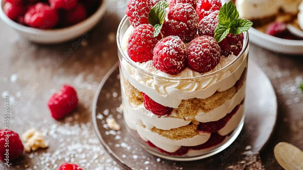 A delicious layered dessert with raspberries, cream, and cake, garnished with mint leaves. A delicious layered dessert with raspberries, cream, and cake, garnished with mint leaves.