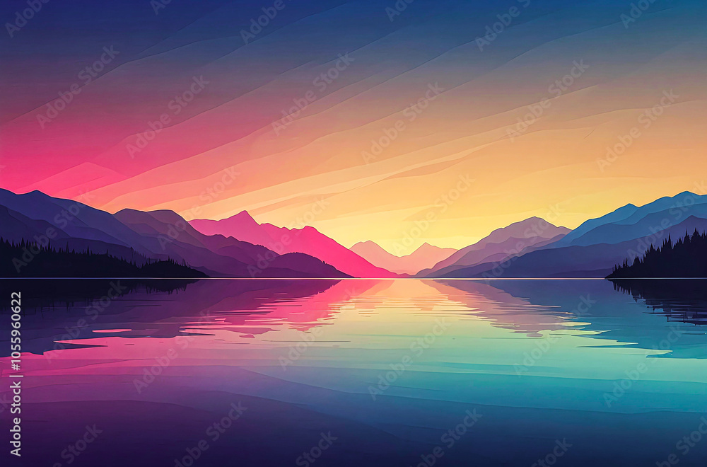 Silhouette of Distant Mountains and a Lake watercolor vector painting art illustration
Silhouette of Distant Mountains and a Lake watercolor vector painting art illustration