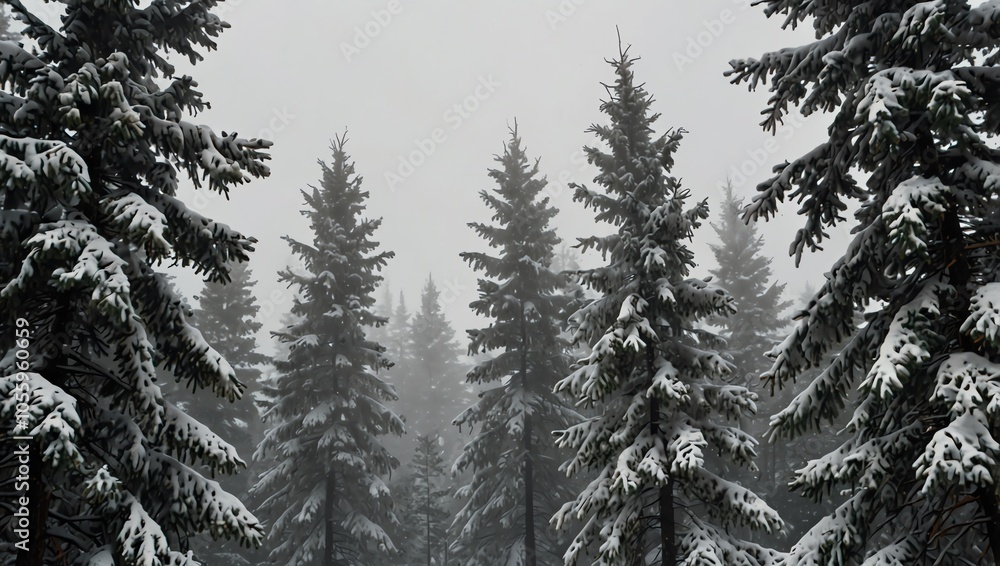 Fototapeta premium Snowy, dark evergreen trees stand close together in a misty landscape.