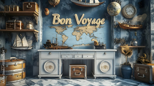 A beautifully decorated travel-themed room with vintage luggage, maps, and nautical decor. Perfect for wanderlust inspiration.