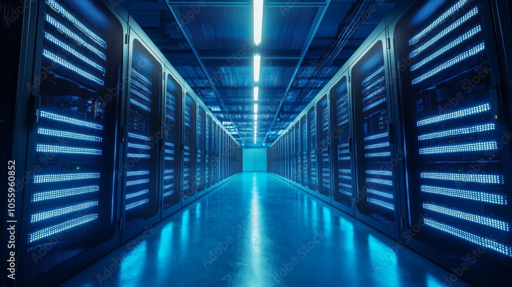 Illuminated data servers in a futuristic blue-lit data center Illuminated data servers in a futuristic blue-lit data center
