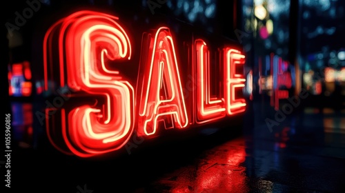 Neon sale sign illuminated at night, vibrant colors, urban atmosphere.