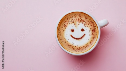 A cappuccino coffee cup excellent hot coffee with foam milk and a smile on a top view with a colorful background. nice morning, inspiring, and in a nice attitude.