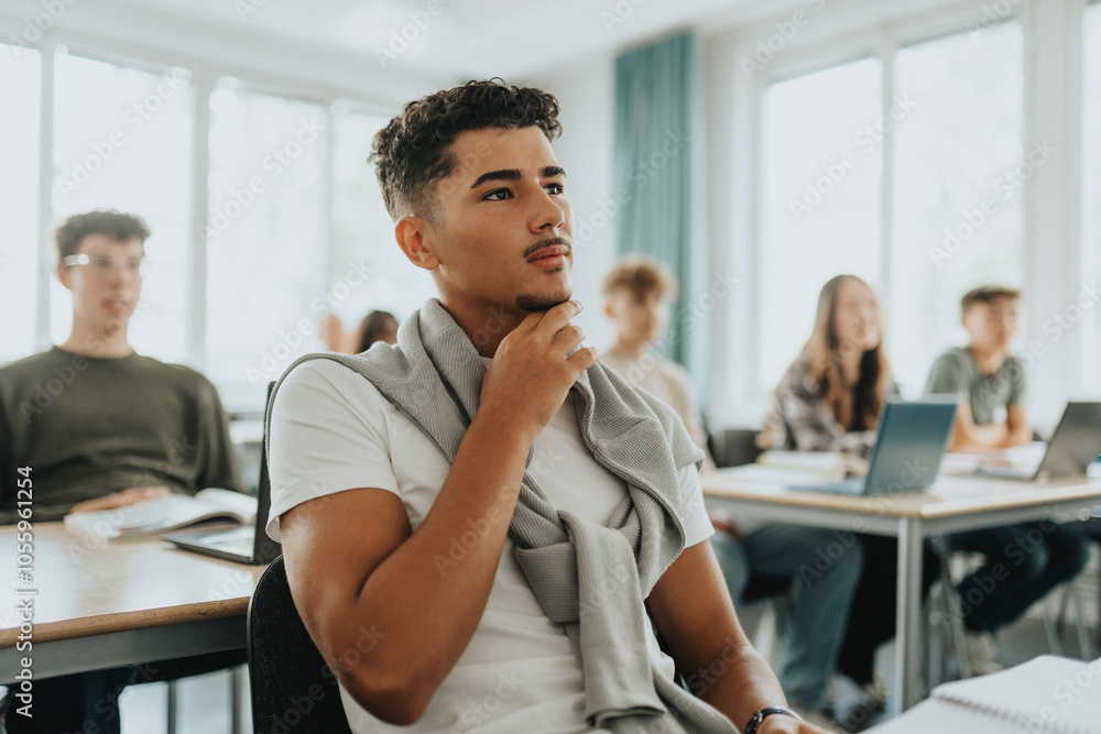 Thoughtful male student sitting with hand on chin in classroom Thoughtful male student sitting with hand on chin in classroom