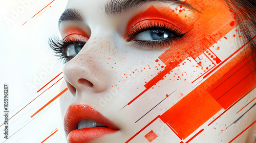  close-up of woman’s face with vibrant red eye and lip makeup, accented by dynamic abstract graphic overlays blending realism and contemporary art in striking composition. woman’s face vibrant  makeup photo