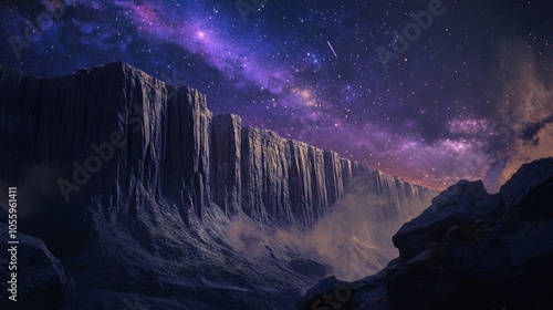 A majestic cliff under the night sky, where the galaxy and stars create a sense of infinite wonder.