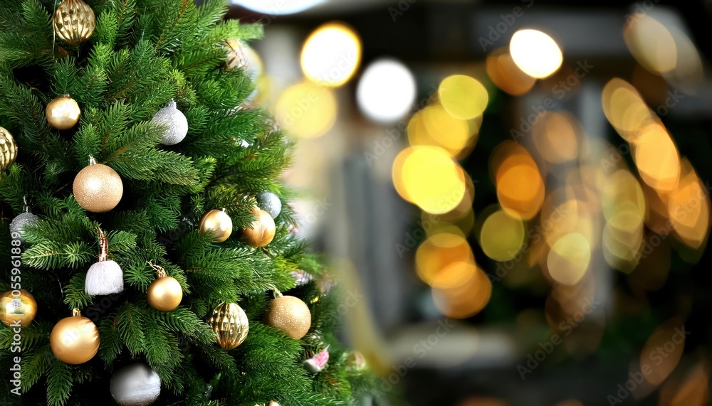 Festive Christmas tree adorned with golden ornaments glowing softly in a holiday setting. Festive Christmas tree adorned with golden ornaments glowing softly in a holiday setting.