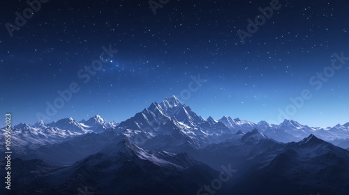 A mountain range under a deepening blue sky, where stars and the galaxy become visible in the growing darkness.