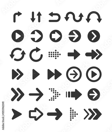 Set of black arrow icons. Various packaging symbols. Motion pointers. Site and player control buttons. Flat style logos. Information pointers. Wayfinding directions. Modern simple vector arrows.