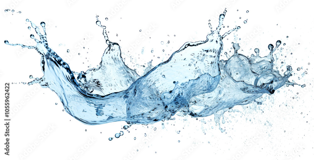 Crisp High-Speed Shot of a Vibrant Blue Water Splash in Motion, Isolated on a White Background for Purity and Freshness Themes Crisp High-Speed Shot of a Vibrant Blue Water Splash in Motion, Isolated on a White Background for Purity and Freshness Themes