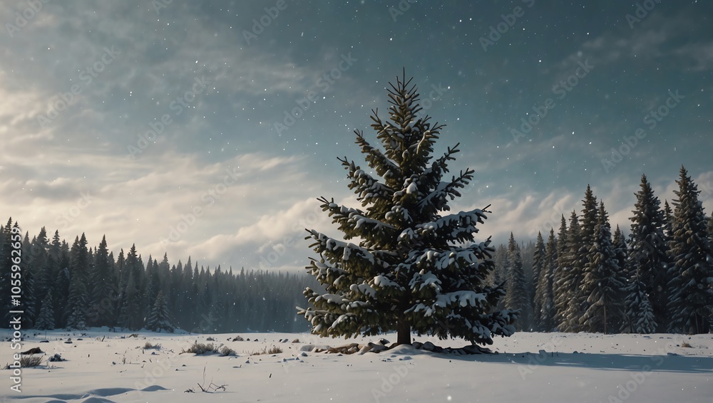 Fototapeta premium A snow-covered Christmas tree stands in a snowy field, surrounded by a dark forest. Cloudy sky.
