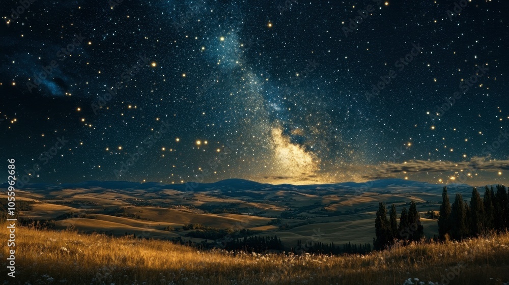 A night sky filled with stars and the Milky Way galaxy over a peaceful rural landscape with rolling hills.