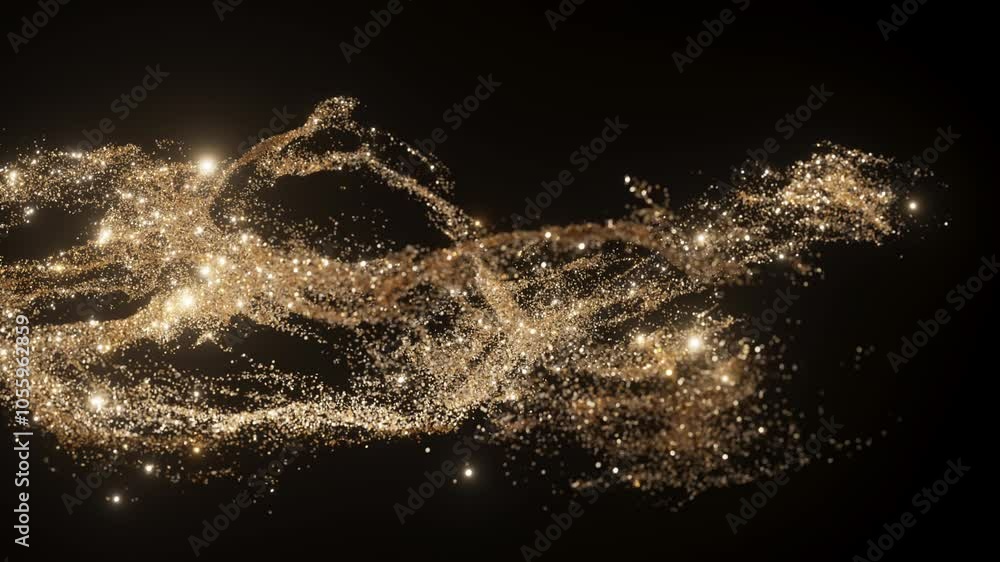 Abstract gold shimmering, dynamic golden particles suspended in mid-air on a dark background. The intricate display creates a sense of movement, light, and luxury, 3D animation. 