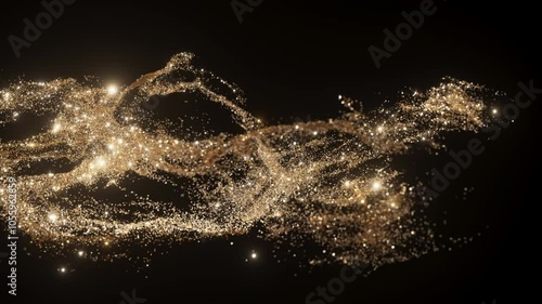 Abstract gold shimmering, dynamic golden particles suspended in mid-air on a dark background. The intricate display creates a sense of movement, light, and luxury, 3D animation. 