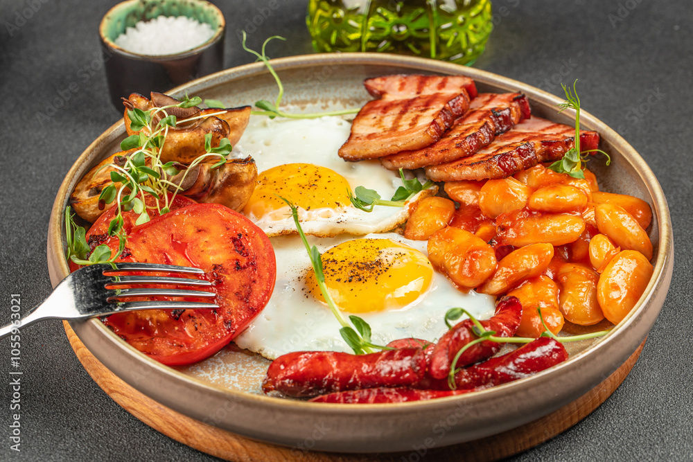 Traditional full English breakfast with fried eggs, sausages, beans, mushrooms, grilled tomatoes and bacon. top view Traditional full English breakfast with fried eggs, sausages, beans, mushrooms, grilled tomatoes and bacon. top view