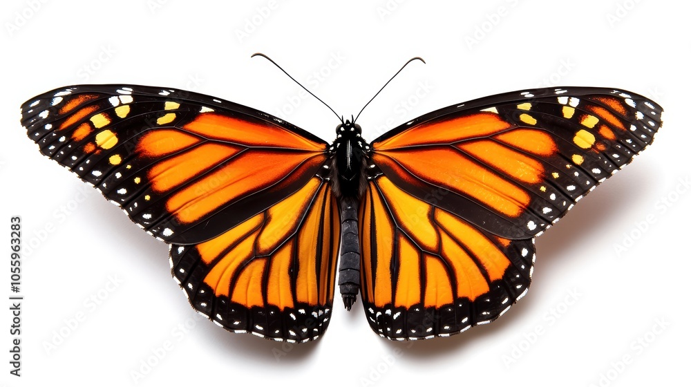 Monarch butterfly with vibrant orange and black wings, white isolated background. Monarch butterfly with vibrant orange and black wings, white isolated background.