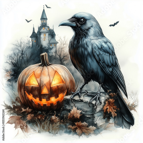 Halloween crow clipart with pumpkin spooky face