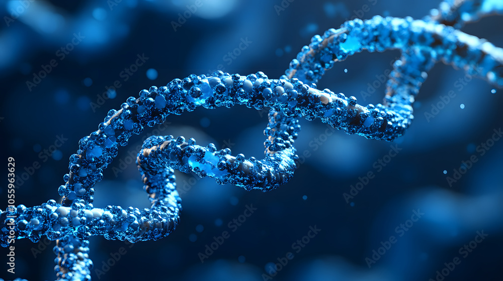 close-up 3D illustration of a DNA helix made of intricate blue particles, symbolizing molecular biology, genetics, and scientific innovation. close-up 3D illustration of a DNA helix made of intricate blue particles, symbolizing molecular biology, genetics, and scientific innovation.