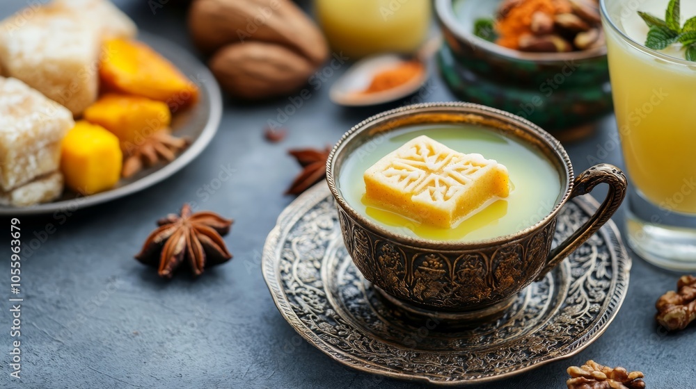 A cup of golden turmeric milk with a cube of ghee floating on top, surrounded by other ingredients like nuts, spices, and mango. A cup of golden turmeric milk with a cube of ghee floating on top, surrounded by other ingredients like nuts, spices, and mango.