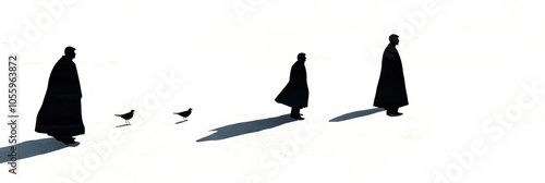 Silhouettes of three figures walking on white snowy ground with birds.