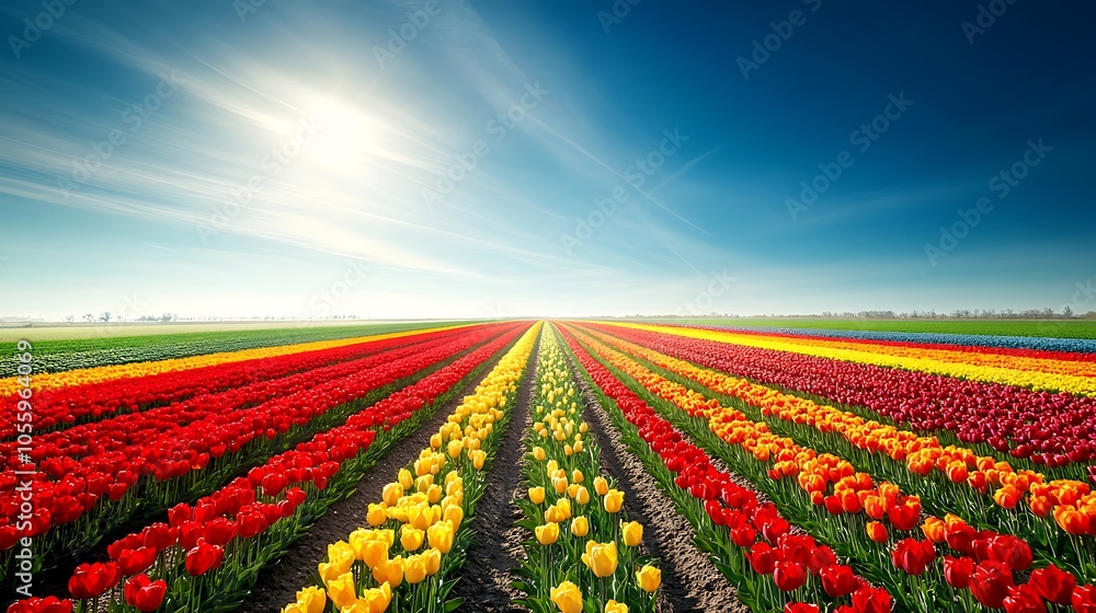 A vibrant tulip field in full bloom, with rows of brightly colored flowers stretching towards the horizon under a clear, sunny sky A vibrant tulip field in full bloom, with rows of brightly colored flowers stretching towards the horizon under a clear, sunny sky