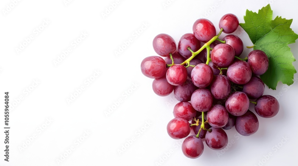 Fototapeta premium Fresh purple grapes with green leaf, isolated on white background.