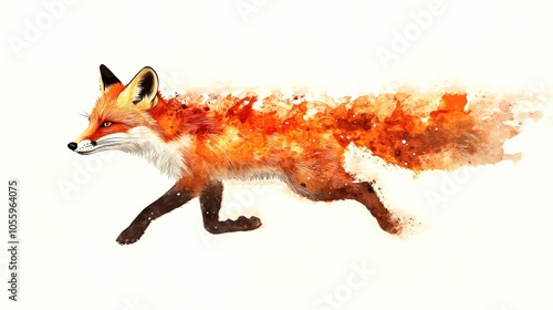 Fox in motion with vibrant splashes of color, artistic representation, white background. photo