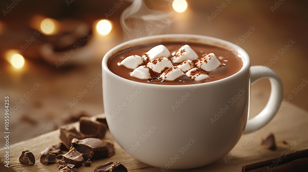 Hot cocoa in a white mug warm and cozy Hot cocoa in a white mug warm and cozy