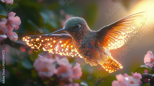 glowing orange hummingbird with fractal feathers illuminated by soft sunrise in a garden