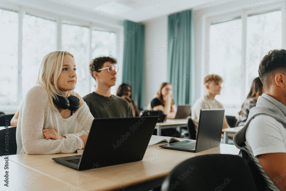 Blond girl and teenage boy sitting with laptops at desk in classroom Blond girl and teenage boy sitting with laptops at desk in classroom
