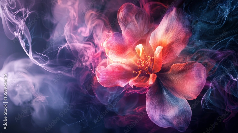 Colorful flower surrounded by smoke in a dreamy, artistic composition Colorful flower surrounded by smoke in a dreamy, artistic composition