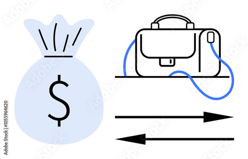 Money bag with dollar sign, briefcase, and arrows indicating transaction or transfer. Ideal for financial services, banking, business operations, money management, investment strategies, corporate