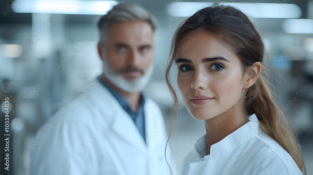 female scientist with a male colleague in the background, both in lab coats, standing in a laboratory setting, symbolizing teamwork, research, and scientific innovation. female scientist with a male colleague in the background, both in lab coats, standing in a laboratory setting, symbolizing teamwork, research, and scientific innovation.