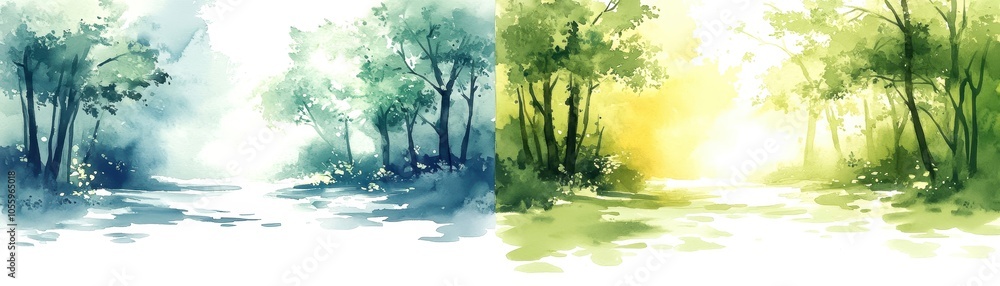 Beautiful watercolor landscape with trees under varying light conditions. Beautiful watercolor landscape with trees under varying light conditions.
