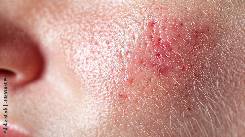 Detailed view of irritated skin with visible signs of dermatitis. The skin texture reveals red, rough patches and small bumps, with a slightly inflamed and swollen appearance. The Detailed view of irritated skin with visible signs of dermatitis. The skin texture reveals red, rough patches and small bumps, with a slightly inflamed and swollen appearance. The