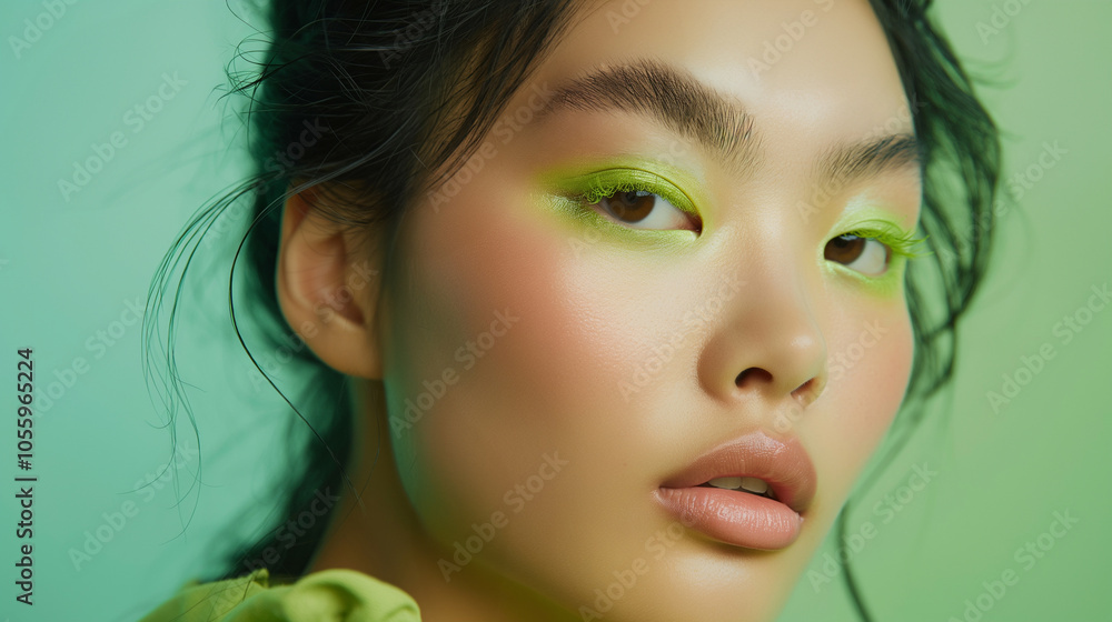 Close-up Portrait of a Woman with Vibrant Green Eye Makeup Close-up Portrait of a Woman with Vibrant Green Eye Makeup