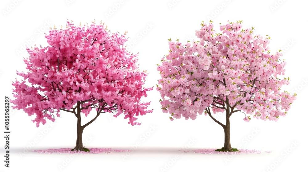 Two beautiful pink blossom trees isolated on a white background.