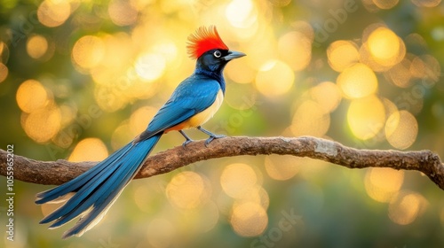 Vibrant Paradise Riflebird Perched on a Branch with a Blurred Golden Background photo