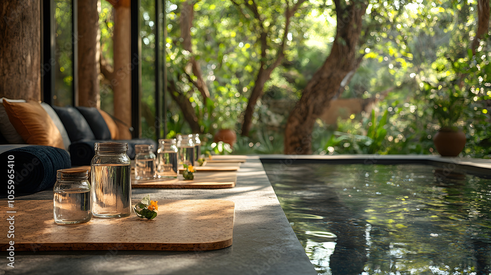 peaceful poolside lounge with glasses of water and small floral accents on wooden trays, set in a lush, green outdoor space perfect for relaxation and refreshment.poolside lounge with glasses of water peaceful poolside lounge with glasses of water and small floral accents on wooden trays, set in a lush, green outdoor space perfect for relaxation and refreshment.poolside lounge with glasses of water