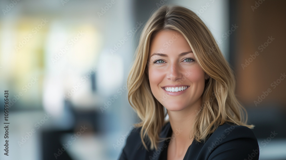 A close-up horizontal image of a businesswoman with a genuine smile, radiating confidence and creativity in a contemporary workspace. Her expression is friendly and approachable, s A close-up horizontal image of a businesswoman with a genuine smile, radiating confidence and creativity in a contemporary workspace. Her expression is friendly and approachable, s