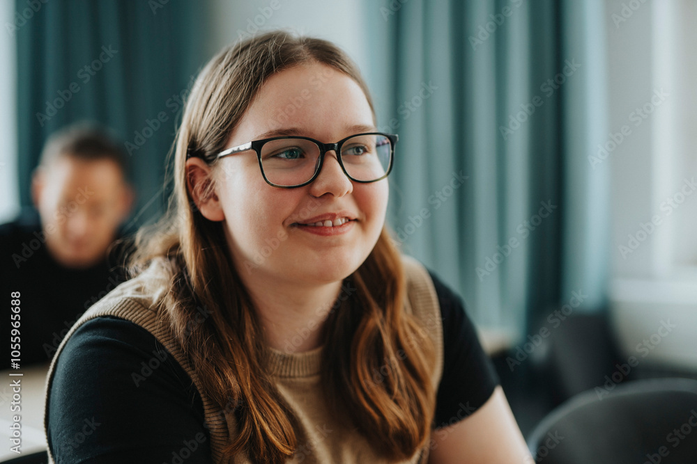 Smiling teenage girl with long brown hair wearing eyeglasses at high school Smiling teenage girl with long brown hair wearing eyeglasses at high school