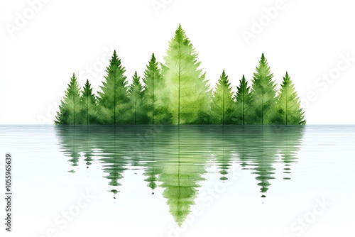 A serene landscape of green trees reflected in still water, creating a tranquil and peaceful natural scene.