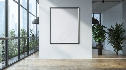 Contemporary Dance Studio Mockup: Oversized Poster on Mirrored Wall, Sleek Design, Ballet Barre, and Dramatic Lighting for a Professional Atmosphere.