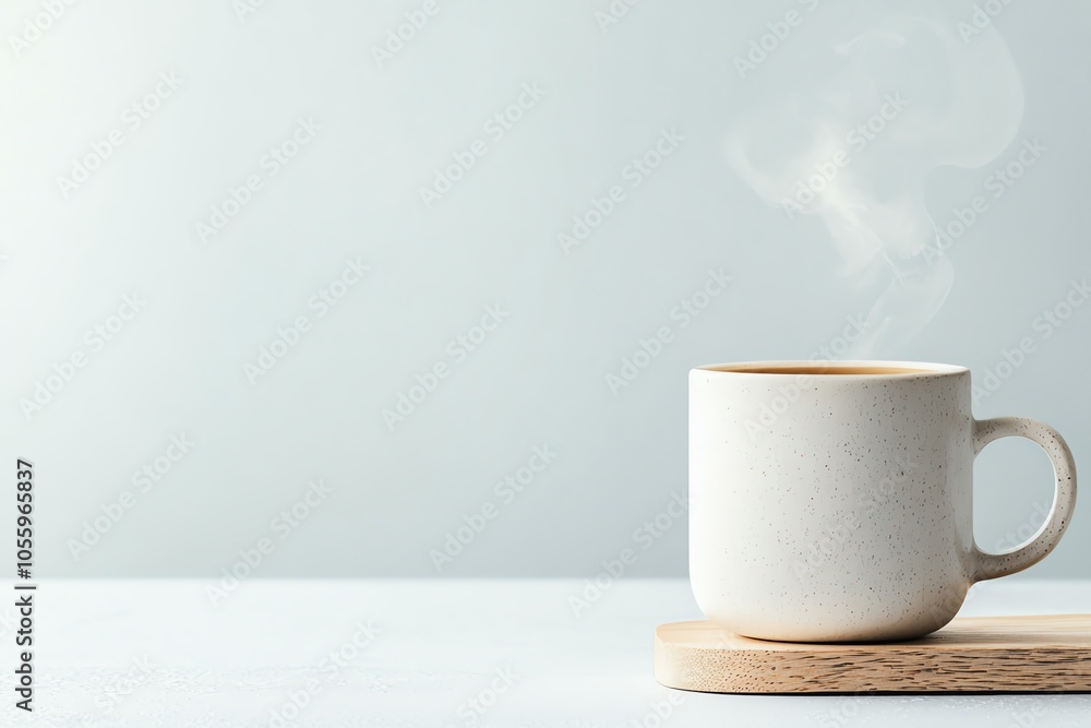 A steaming cup of coffee on a wooden coaster against a soft, neutral background. A steaming cup of coffee on a wooden coaster against a soft, neutral background.