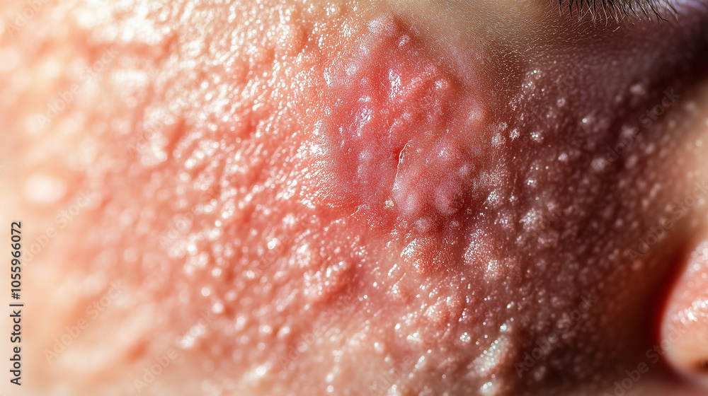 Fototapeta premium Detailed view of irritated skin with visible signs of dermatitis. The skin texture reveals red, rough patches and small bumps, with a slightly inflamed and swollen appearance. The