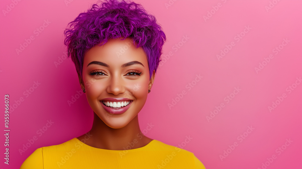 Close-up of an energetic woman with short, vivid purple hair and a big smile, wearing a bright yellow top. Set against a striking pink background, her carefree and playful pose cap Close-up of an energetic woman with short, vivid purple hair and a big smile, wearing a bright yellow top. Set against a striking pink background, her carefree and playful pose cap