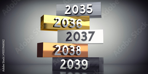 2035, 2036, 2037, 2038, 2039 - words on metal blocks - 3D illustration